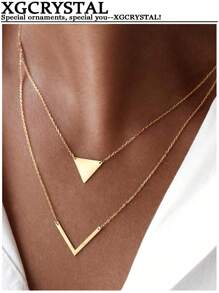 1pc Women's Adjustable Layered V-Shape Pendant Necklace, Suitable For Daily, Commute, Light Business, Dating, Gift, Photo Shoot, Stylish And Elegant Decorative Jewelry - Gold - View 5