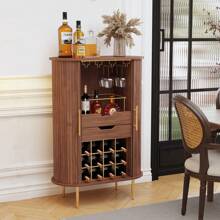 Bar Cabinet With Tambour Door, Wood Liquor Cabinet With 16 Wine Rack And Glass Holder, Coffee Bar Station For Home, Living Room - Brown - View 2