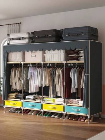 1 pieza Armario portátil de gran capacidad, diseño con estructura de marco de acero con estabilidad reforzada, combinación de espacio colgante y área de almacenamiento de varias capas, diseño de cajón inferior para ropa, espacio superior utilizado, adecuado para el hogar, dormitorio, mueble de almacenamiento eficiente