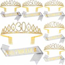 2 Pcs Wonderful Birthday Party Bag - Metal Rhinestone Headpiece And Silver Belt Ribbon Set, Suitable For Women Aged 30, 40, 50, 60, 70, 80 Celebrations - General Occasions - Bridal Showers, Weddings, Anniversary Decorations - No Electricity Required - Suitable For Women Aged 18+ - Gold - View 1