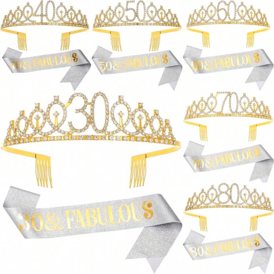 2 Pcs Wonderful Birthday Party Bag - Metal Rhinestone Headpiece And Silver Belt Ribbon Set, Suitable For Women Aged 30, 40, 50, 60, 70, 80 Celebrations - General Occasions - Bridal Showers, Weddings, Anniversary Decorations - No Electricity Required - Suitable For Women Aged 18+ - Gold - View 1