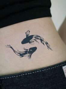 1pc Koi Fish Temporary Tattoo Sticker, Semi-Permanent Tattoo, European Style, Waterproof & Sweatproof, Lasts 1-2 Weeks, Realistic Herbal Juice, Non-Reflective, Black Faux Tattoo Sticker, Unisex, Applicable To Arms, Chest, Legs, Abdomen, Waist, Fingers, Neck, Etc., Modern Minimalist Body Art - Black - View 3