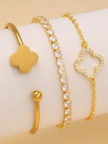 优雅闪亮时尚四叶草锆石不锈钢锆石四叶草手链套装，适合日常佩戴或作为礼物赠送朋友