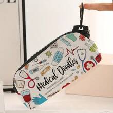 1pc Large Medical Supplies Print Pencil Case With Zipper - Durable Polyester, High Capacity For Pens & School Supplies, Stylish "Medical Doodles" Design With Stethoscope & Rx Symbols, Black Textured Grip, Perfect For Students & Professionals, Zipper Pencil Holder | Playful Design | Textured Grip Handle, Pencil Pouch
