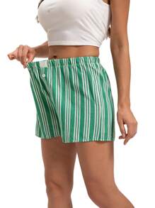 Women's Vertical Striped Print Pajamas Casual Cute Button Tight Pajama Shorts - Green - View 3