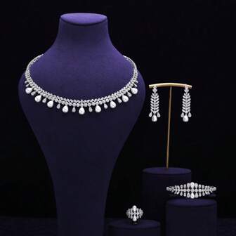 Deluxe Faux Pearls Zirconia Jewelry Set Bridal Party 4pcs Necklace Accessories Dubai Nigeria Women Jewelry Set Gift