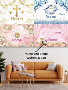 1 pieza Tela de fondo personalizable para fotografía de bautizo con nombre y foto de bebé, telón de fondo bendición de Dios para fiesta de