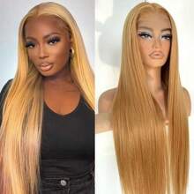 Honey Blonde Wig Human Hair 200% Density 13x6 Honey Blonde HD Transparent Lace Front Wig Human Hair Pre Plucked Straight Blonde Lace Front Wig Human Hair Colored 27# Lace Frontal Wig 30 Inch - S27 - 查看 2