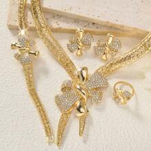 1set Elegant & Charming Ladies' Copper Jewelry Set, Includes Hollow Butterfly Pendant Necklace, Earrings, Bracelet And Ring, Suitable For Wedding, Party, Banquet And Holiday Gifts - Gold - View 5