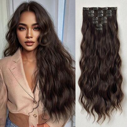 Clip In Hair Extensions Brown Color 16 CLips 24 Inch Long Water Wave Hair Extension For Girl Women Full Head Synthetic Hair Extensions Hairpieces