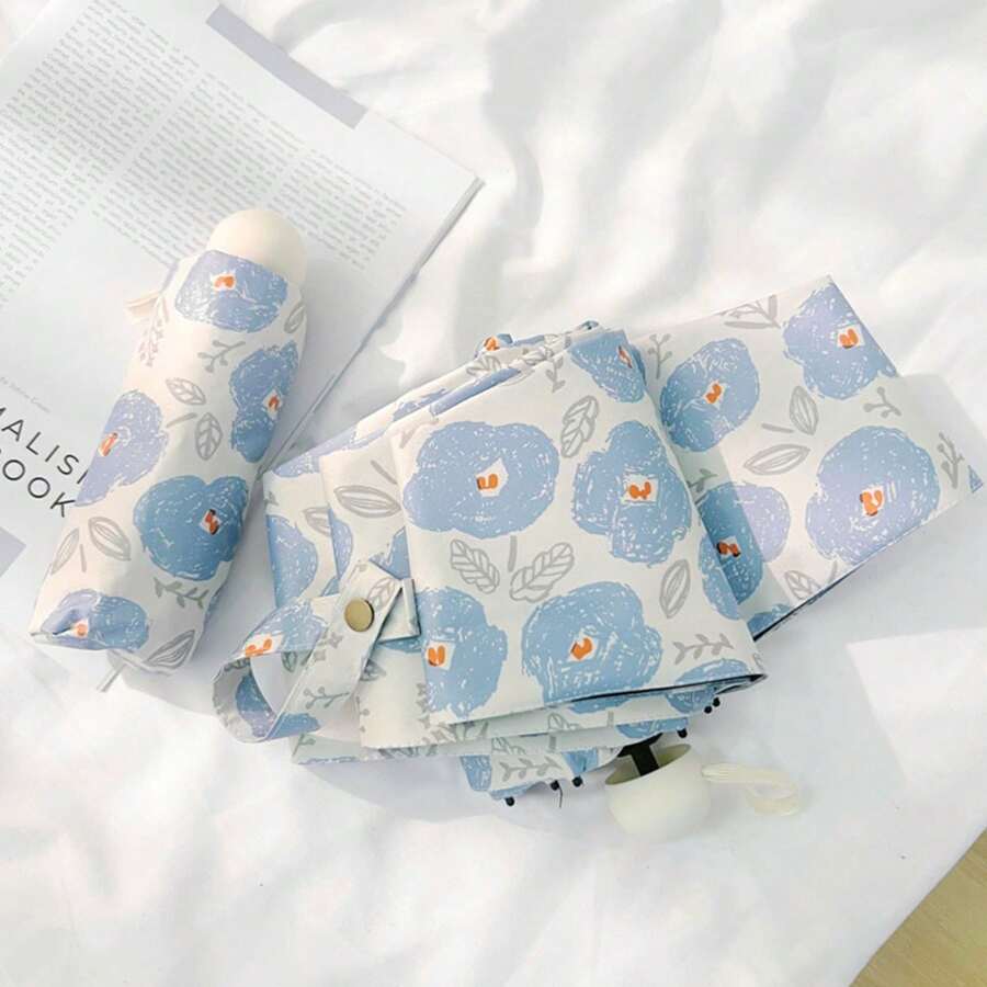 1pc 6-Rib Compact Folding Umbrella, UV Protection Sun Umbrella, Lightweight & Windproof, Suitable For Spring, Summer, Autumn, Winter, Convenient Outdoor Sunshade, Elegant Floral Design, Unisex,Spring Summer Picks,Brides Maid Gifts,Room,Bedroom Decor,Beach,Travel,For Men,For Women,Vacationcute Stuff - Blue Flower 50% Off - View 1