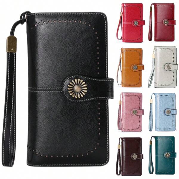 Cartera de mano de cuero genuino con bloqueo RFID para mujer: organizador de tarjetero delgado con bolsillo con cremallera, monedero  RFID con múltiples ranuras para tarjetas de crédito y viajes