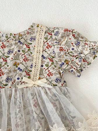 Sukienka-body-suknia-sukieneczka-koronka-z-okrągłym dekoltem i drobnymi kwiatowymi motywami, dla niemowląt/dziewcząt, letnia