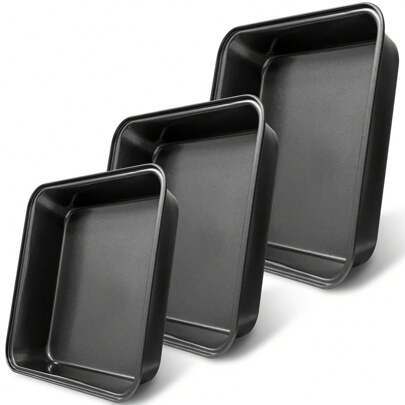 3-Piece Non Stick Square Carbon Steel Cake Mold Set - Easy To Clean, Safe Baking Tray For Ovens And Induction Stoves (8.7 Inches, 7.9 Inches, 10.6 Inches) Suitable For Cakes, Cookies, And Pastries - Essential Baking Tools And Accessories For The Kitchen