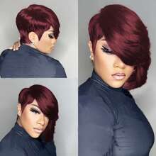 Krótkie peruki dla kobiet z ludzkich włosów, fryzura pixie z grzywką na bok, kolor czekoladowy brąz, czarny, 99J, bordowe peruki pixie dla kobiet, w pełni maszynowo wykonana peruka z ludzkich włosów, peruka bezklejowa, peruka bez koronki z przodu, fryzura warstwowa, krótkie peruki na kostiumy na Halloween, do codziennego użytku