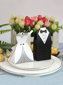 Boîte à bonbons de mariage de style européen de 40/20 pièces, boîte-cadeau de mariage en forme de robe de mariée et de marié (deux styles, la moitié de chaque), boîte-cadeau à bonbons avec ruban, boîte-cadeau d'accompagnement de demoiselle d'honneur et d'homme d'honneur, centre de table de mariage, parfait pour la décoration de fête de mariage, emballage de cadeau de mariage