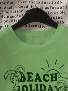 Camiseta de mujer de cuello redondo de manga corta con estampado de árbol de coco, uso casual y sencillo para el verano