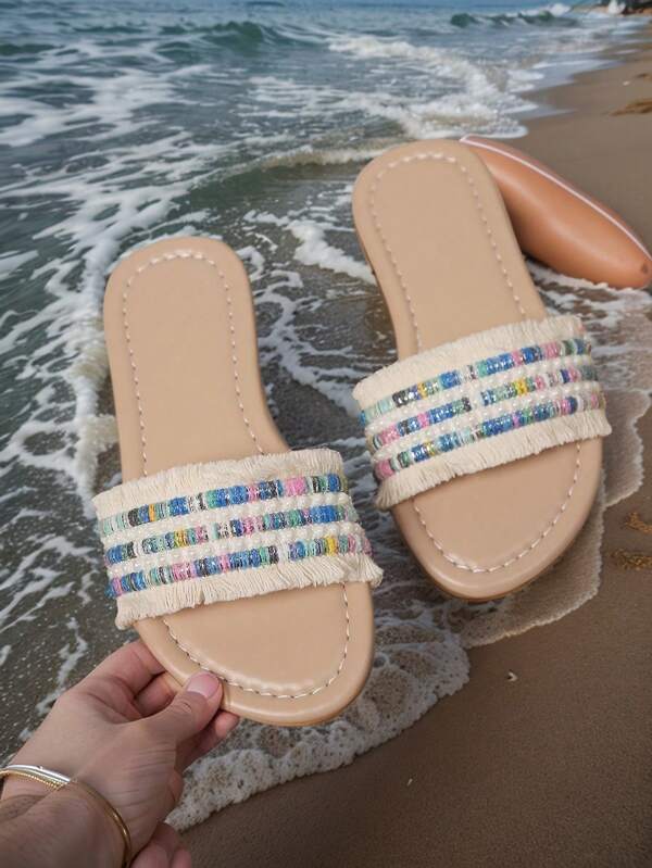 Pearl Tassel Furry Edge 2024 New Summer Girls' Weaving Casual Soft Bottom Slippers