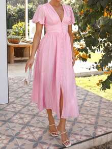 PoPoHouse Women's Solid Color Dress, V-Neck Puff Sleeve Design, Suitable For Vacation, Spring/Summer, Valentine's Day And Other Occasions - Pink - View 8