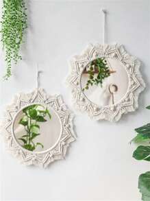 1 件 BOHO 手工编织流苏木珠圆形镜子亚克力镜片，适合作为纪念品赠送给朋友和家人，用挂饰装饰客厅和卧室 - 适用于卧室、客厅、走廊、日托中心、厨房、办公室、农舍等 - 彩色 - 查看 5