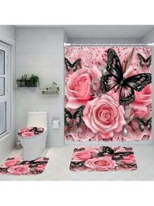 1/4 件防水蝴蝶仿珍珠玫瑰印花浴室浴帘套装，包括防滑浴室垫、马桶座套、浴室垫和浴室配件，配有 12 个塑料挂钩，非常适合浴室、家居和房间装饰，是返校浴室装饰的节日礼物 - 彩色 - 查看 2