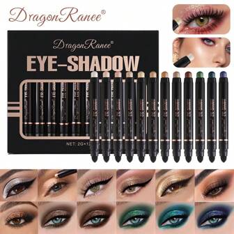 Dragon Ranee Set de 12 lápices de sombra de ojos perlados, paleta de sombras de ojos colorida, sombra de ojos de un solo trazo a juego, iluminador, lápices de sombra de ojos marrón, azul y verde, sombra de ojos líquida con brillo fino y suave, set de lápices de sombra de ojos, regalo