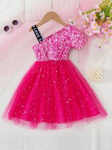 Young Girl's Casual Spaghetti Strap Faux Sequins & Letter Print Splice Sequins Gauze Lining Summer Dress - Multicolor - View 4