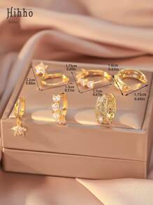 Hihho 6 件优雅花朵方晶锆石吊坠耳环套装，包括镂空花朵环状耳环，是女性时尚珠宝礼物，适合日常佩戴和节日 - 金黃色 - 查看 6