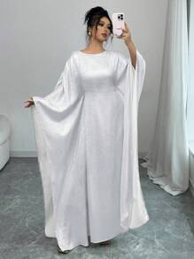 Women's Shiny Fabric Round Neck Adjustable Waist Belt Casual Dress,Modest - White - View 1