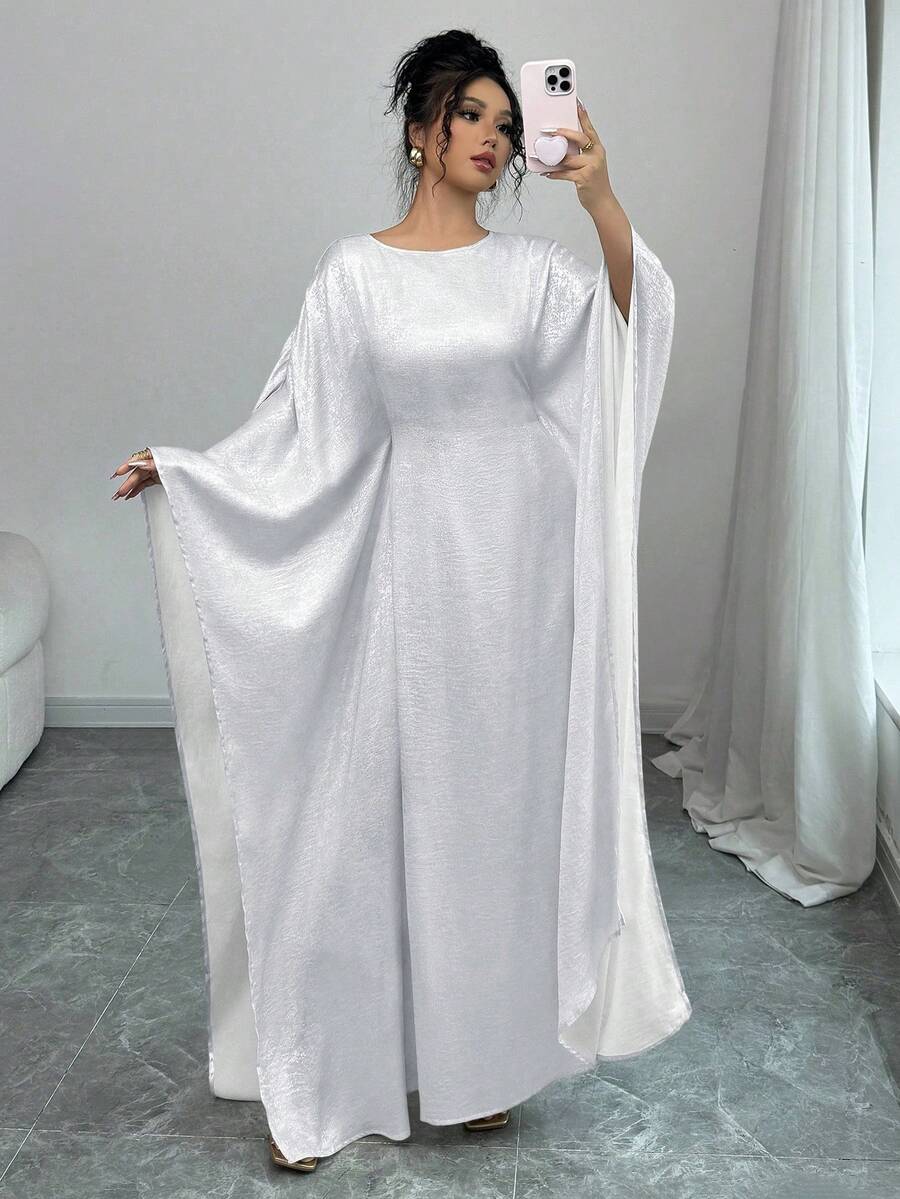 Women's Shiny Fabric Round Neck Adjustable Waist Belt Casual Dress,Modest - White - View 1