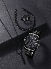 时尚男士石英表套装，带日历功能，锌合金表壳和表带，圆形表盘，电子机芯，指针显示，包含吊坠项链、手链和戒指。是理想的生日礼物，适合日常佩戴，也适合生日、派对、节日聚会等场合，送给自己或朋友都很合适。不含包装盒。 - 黑色 - 查看 2