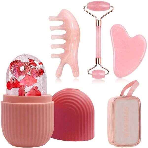 Conjunto de 5 peças para raspagem e massagem facial: incluindo um rolo de gelo, um molde de cubo de gelo, uma tábua de raspagem, um pente em forma de golfinho e uma bolsa de armazenamento. É usado para massagear o rosto, os olhos, o nariz e a cabeça para EnhaPink Ice Face Roller Mold Cube Guasha Conjunto de massagem facial