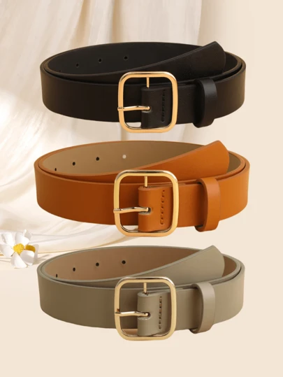 3 Pcs/Pack Square Buckle Vintage Elegant Women Belt, Fashion Versatile Decorative Leather Belt Summer, School Fall, Autumn, Halloween