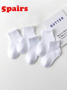 5 Pairs Classic All White Children's Sports Ankle Socks, Moisture Wicking School Uniform Socks