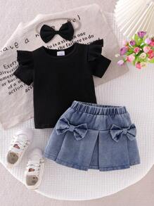 Baby Girl 3pcs Set: Black Ribbed Cap Sleeve Shirt, Butterfly Decor Elastic Waist Denim Skirt And Hair Tie Suit