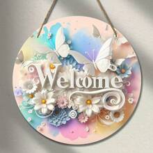2pcs Yard Decoration Butterfly Welcome Wooden Sign, Home Decor Butterfly Round Signage For Spring/Summer, Decorative Door, Window, Outdoor Entrance, Landmark Decor