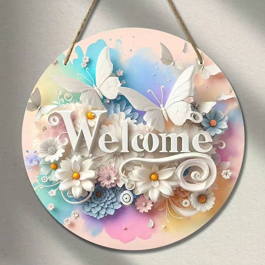 2pcs Yard Decoration Butterfly Welcome Wooden Sign, Home Decor Butterfly Round Signage For Spring/Summer, Decorative Door, Window, Outdoor Entrance, Landmark Decor
