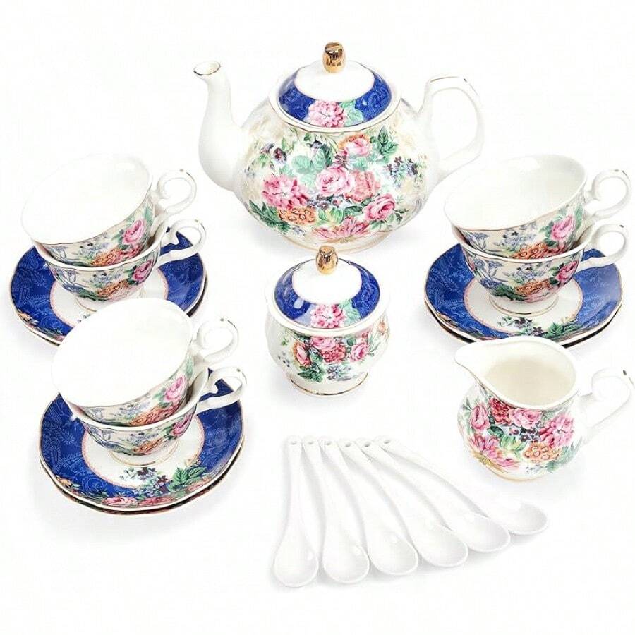 Juego de té de porcelana de 21 piezas con diseño verde y floral de Fanquare, juego de taza y platillo de cerámica vintage para 6, juego de tetera para fiestas de mujeres - Rosa Pálido - Ver 1