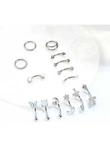 Milacolato 14 PCS Rook Piercing Jewellery Gold 16G Surgical Steel Silver Eyebrow Piercing 8MM Curved Barbell Piercing Vertical Labret Lip Bars Daith Helix Cartilage Rook Hoop Piercing Earrings - Multicolor - View 7