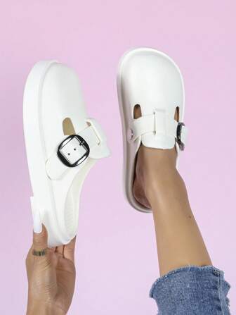 Women's EVA Summer House Slippers, Outdoor Wear Beach Shoes, Platform Thick Sole Closed-Toe Anti-Slip Dual-Strap Ladies Sandals, Fashionable Multifunctional Women Half-Slippers, Solid Color Ladies Slide Sandals