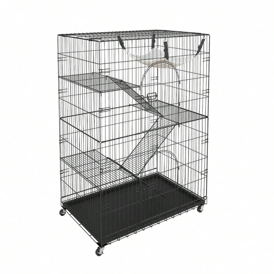 4-Tier Large Cat Cages Indoor, Detachable Metal Playpen Enclosure With 360 Rotating Casters, With 3 Ladders And A Hammock For 1-3 Cats, 35.4x23.6x51 Inch 4 Layers
