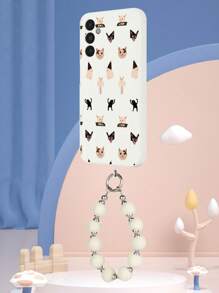 1pc White TPU Layered Cartoon Cat Meme Pattern Drop-Proof Phone Case And 1pc White Furry Pom-Pom Phone Lanyard Strap, Compatible With IPhone/Android///OPPO Phones, Including IPhone 16 Pro Max, A14, A54, A52, A31 4G, A23, Redmi Note 8 Pro, Note 11 Pro 4G, Note 12 4G, OPPO A54