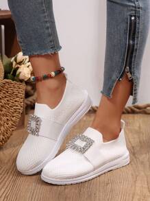 女士休闲平底鞋，时尚弹性水钻装饰舒适柔软百搭鞋，适合春秋季 - 白色 - 查看 4