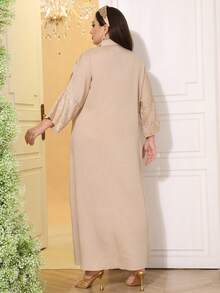 2026新款斋月传统优雅刺绣串珠连衣裙，V领，高端阿拉伯女装，春夏款 - 杏色 - 查看 12