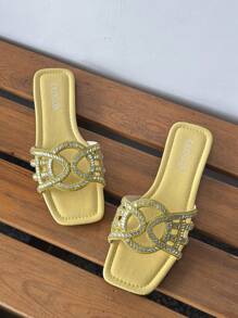 女士闪亮水钻镂空拖鞋，夏季时尚一脚蹬平底凉鞋