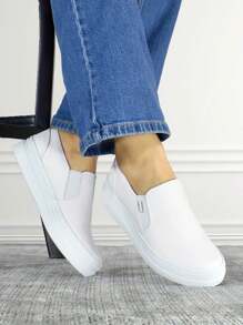 Tenis de meter con resorte para dama color rojo, con suela de plataforma antideslizante, alta y ancha, tenis de material tipo sin agujetas para mujer con suela alta - Blanco - Ver 2