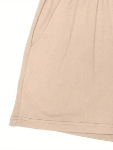 2pcs/Set Elegant Casual Print Round Neck Short Sleeve Shorts Set - Khaki - View 3