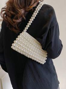 1pc Faux Pearl Beaded Woven Handbag, Versatile Shoulder Bag Suitable For Women To Attend Formal Occasions Or Everyday Commute, Elegant Faux Pearl Bag - White - View 3