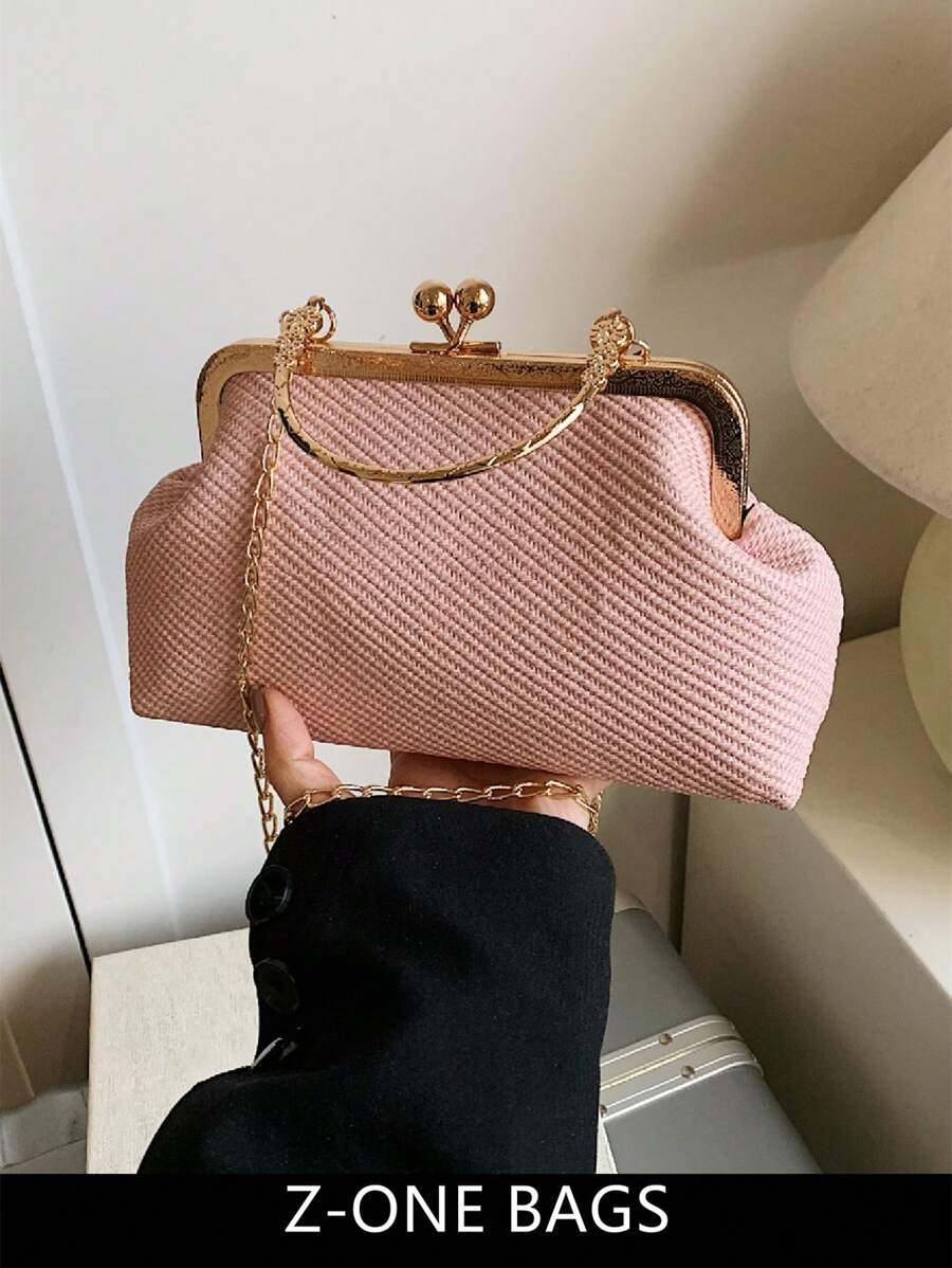 HELLO WEEKEND 1pc Woven Texture Solid Colored PU Tote Handbag, Fashionable & Portable For Daily Use By Women - Pink - View 1