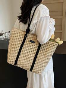 Fashionable Color-Blocking Straw Tote Bag, Versatile With Elegant Shoulder Straps. Summer & Beach Essentials, Large Capacity, Portable For Women, Teen Girls, College Students, Office Workers. Perfect For Work, School, Vacation, Beach
